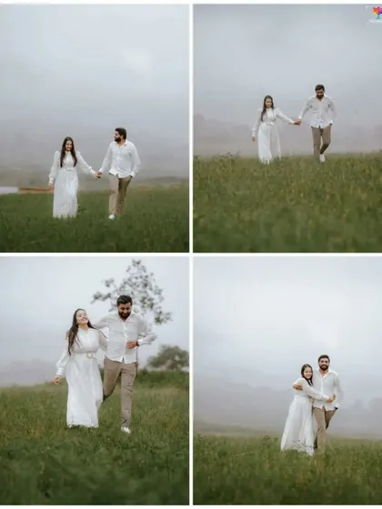 A four-panel collage capturing the joy of running and playing together in a misty field, showcasing their carefree spirit.