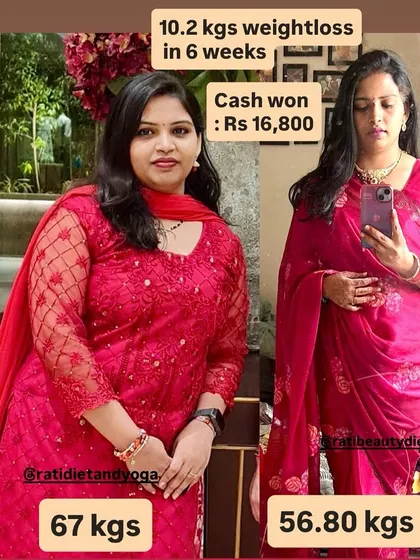 Pooja celebrating her 10.2 kg weight loss. This picture shows her newfound confidence after dropping from 67 kgs to 56.8 kgs.