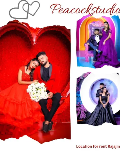 A collage showcasing various pre-wedding looks available for rent, from a red gown against a heart backdrop to a purple gown on a throne.