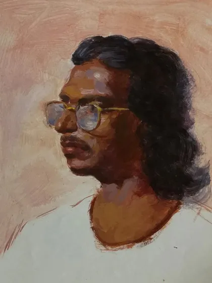 An acrylic sketch of a model with glasses, focusing on capturing the profile and the reflection in the lenses.