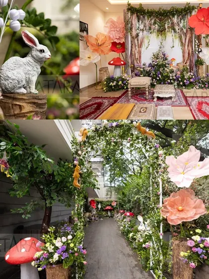 A collage capturing the essence of our woodland wonderland theme. It shows the enchanting entrance arch, a close-up of a rabbit statue, and the whimsical indoor setup, highlighting the versatility of the theme.