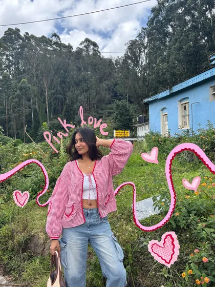 Left a piece of my heart in Coonoor. This photo is enhanced with pink hearts and playful doodles to match the "pink love" theme of the outfit and the mood.