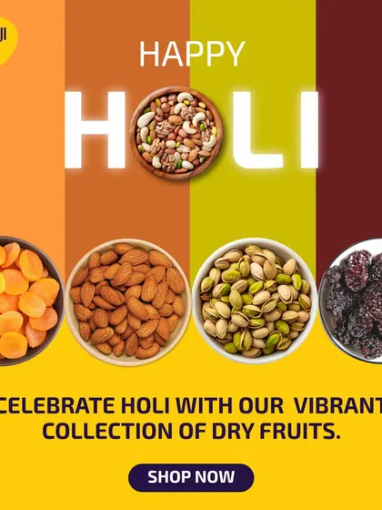 Celebrate Holi with my vibrant collection of dry fruits. This image shows apricots, almonds, pistachios, and prunes, adding a burst of healthy color to your festivities.