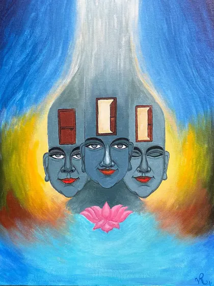 Created during an art camp in Wayanad, this painting explores the different states of consciousness and perception. The three faces with varying expressions and the open doors represent the mind's journey towards enlightenment.