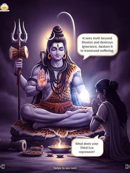 A visual from the Shiva symbols series, explaining that the Third Eye sees truth beyond ignorance and destroys illusion.