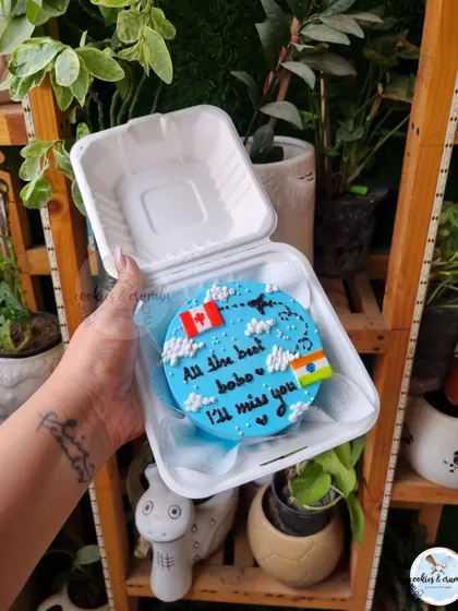 A farewell bento cake for someone moving to Canada. I love telling a story with my designs, and this one features the Indian and Canadian flags with a sweet "I'll miss you" message.
