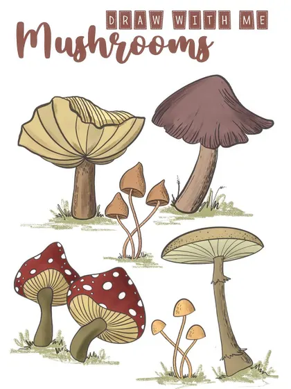This is a reference sheet for drawing different types of mushrooms, created on Procreate. My "Draw with me" series includes video tutorials for drawings like these, which you can follow on your tablet or on paper.