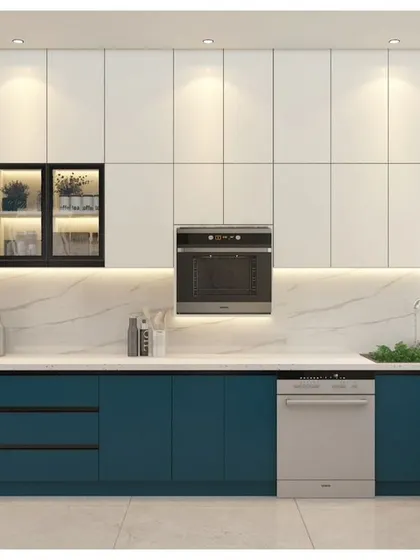 A 3D render of a bold dual-tone kitchen with deep teal lower cabinets and white upper cabinets. The design includes an integrated dishwasher and a built-in oven, showcasing a fully equipped modern kitchen.