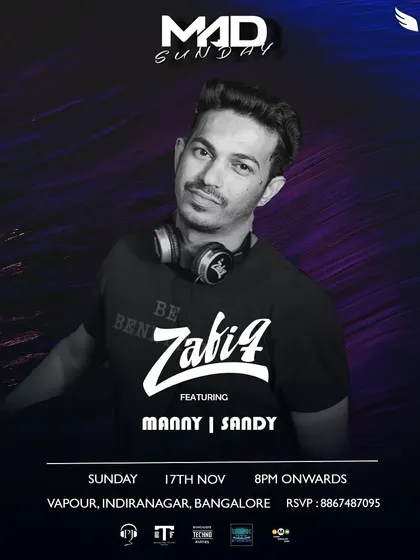 A "Mad Sunday" flyer from Vapour featuring the full lineup of resident DJs. We work as a team to create an amazing experience.