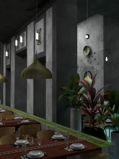 This restaurant concept features an industrial-chic design with concrete-finish pillars, metal pendant lights, and touches of greenery. The layout is planned to maximize seating while ensuring a comfortable flow for staff and guests.