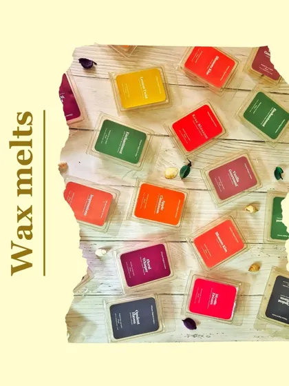 A graphic introducing my wax melts. These little scented wonders release beautiful aromas when melted in a warmer, giving you a burst of fragrance without a flame.