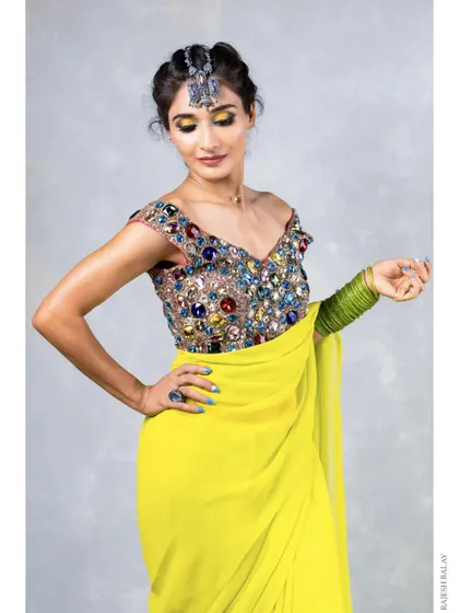 A vibrant and colorful look for a fusion jewellery shoot. I used a bright yellow eyeshadow to match the saree, creating a fun and contemporary feel that highlights the jewelled blouse and maang tikka.