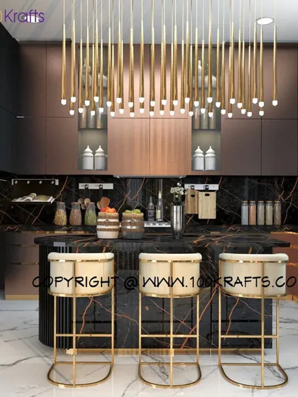 A dramatic and daring kitchen from our 'Gothic Design' concept. Black marble with gold veins is used for the island and backsplash, paired with copper-toned cabinets and a stunning statement chandelier.