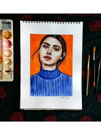 A finished watercolor portrait featuring a woman in a blue turtleneck against a bright orange background. This piece is a study in complementary colors and capturing a direct, confident gaze.