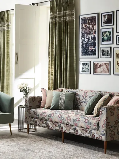 A full room shot for a furnishing fabrics brand. We styled the space to show how different patterns and textiles from the same collection can be layered to create a cohesive and stylish interior.