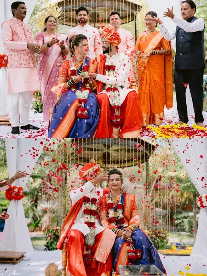 A collage capturing the blessings and rituals from family members during the wedding.