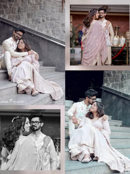 A collage of a couple's Roka ceremony, capturing their sweet and playful moments on a staircase.