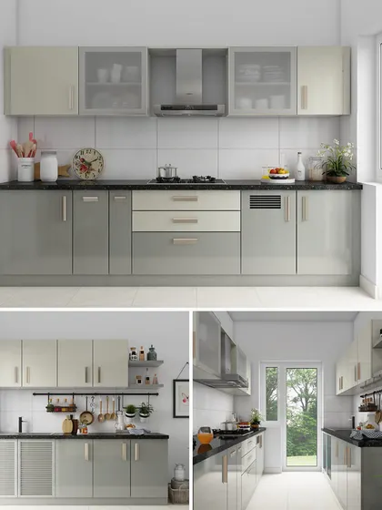 This collage shows how versatile a simple straight kitchen layout can be. By changing the cabinet colors, finishes, and hardware, you can achieve a completely different look, from classic to contemporary.