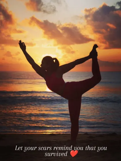 Let your scars remind you that you survived. A gentle reminder to embrace your journey. Here, I'm practicing Natarajasana, or Dancer's Pose, as the sun rises over the ocean.