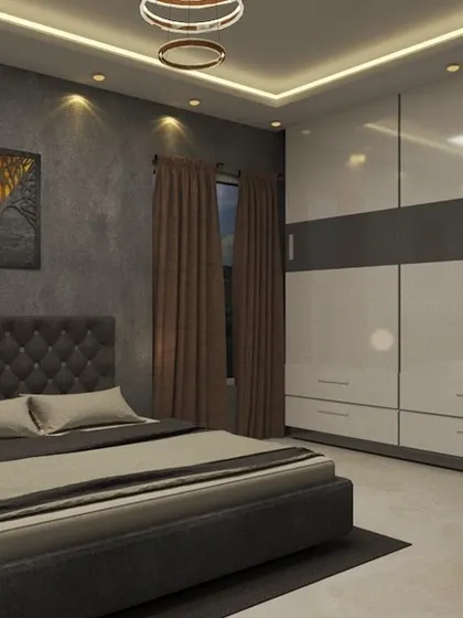 A bedroom with a masculine aesthetic, featuring a dark grey textured wall and a tufted headboard. The glossy two-tone wardrobe provides ample storage while maintaining a sleek, modern look.