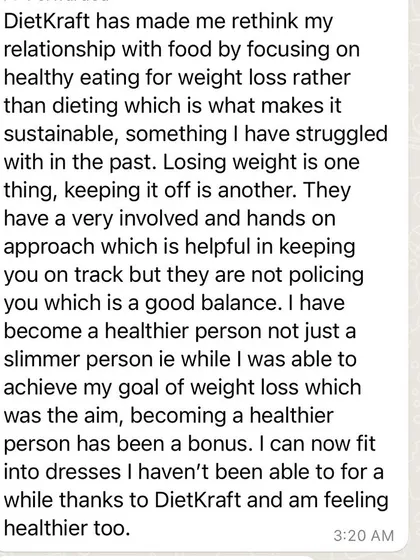 This client testimonial emphasizes how my approach helped them rethink their relationship with food, focusing on sustainable healthy eating rather than restrictive dieting.