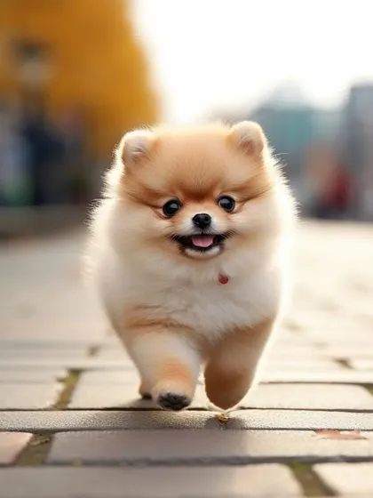 A fluffy Pomeranian puppy trotting along happily. We welcome puppies and provide the extra care they need.