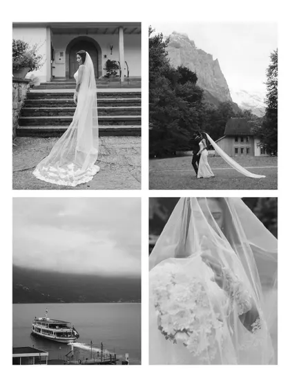 A black and white collage from the Swiss elopement, highlighting the dramatic landscapes and the bride's beautiful veil.