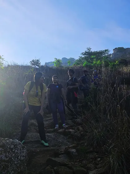 A group of friends pauses on a sunlit trail during their weekend trek.