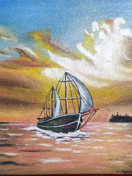 An older oil on canvas piece depicting a ship at sunset. I enjoy painting seascapes, capturing the mood of the water and sky.