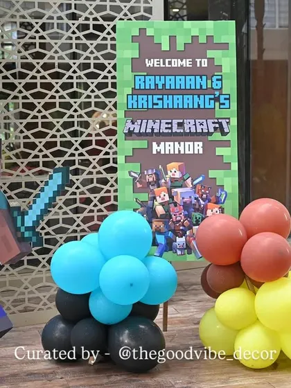 A welcome sign and character cutout for the "Minecraft Manor" birthday party. We ensure every detail, from the entrance to the main stage, fits the chosen theme perfectly.