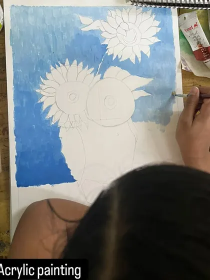 The initial background layer of a floral painting is being applied. This step, known as underpainting, helps to establish the overall mood and color harmony of the piece.