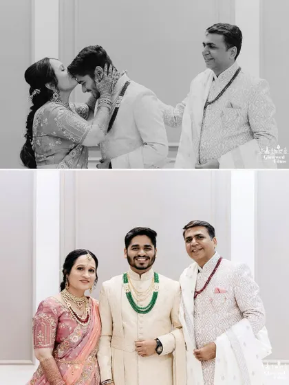 A collage showing the groom receiving a kiss from his mother and posing for a proud family portrait with his parents.