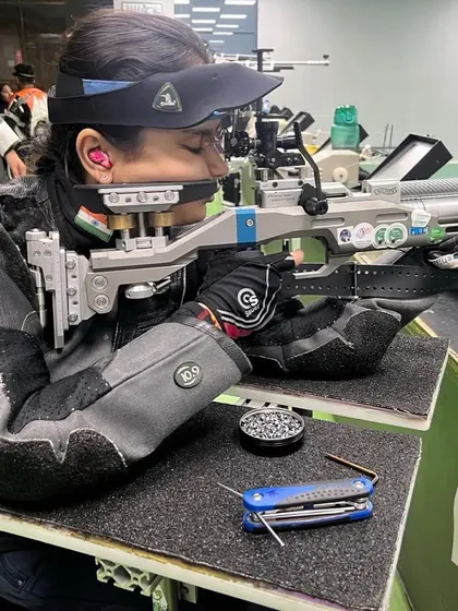 A close up of Avani Lekhara's focused expression during training, capturing the determination that makes her a champion.