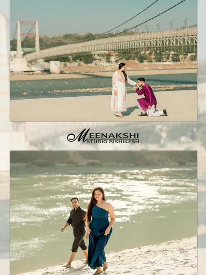 A collage showing two different scenes from a Rishikesh pre-wedding shoot: a romantic proposal on the beach and a casual walk by the flowing river.