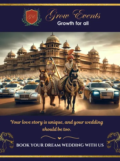 Your love story is unique, and your wedding should be too. This conceptual image of a royal couple on horseback with a fleet of luxury cars shows our flair for creating grand, one-of-a-kind wedding concepts.