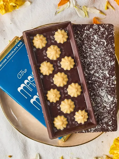 Our limited edition Maska Modak Chocolate Bar, a fun and delicious twist on a festive classic. It's a centerpiece of our Ganpati collection.