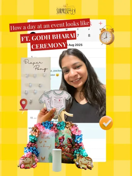 A snapshot of my day at an event, featuring the Godh Bharai ceremony. I love holding up the little custom details, like these personalized baby onesie tags, that make each celebration unique.