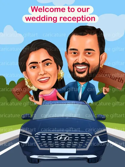 A fun and unique wedding reception welcome sign. The couple is illustrated in their car, holding signs with their names, creating a playful and personal welcome for their guests.