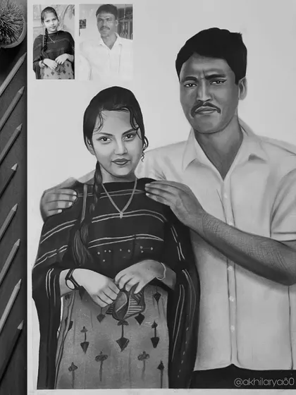 For this A3 charcoal sketch, I merged two separate photos to create one portrait of a father and daughter. The black and white style creates a strong emotional connection.