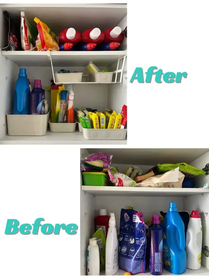 This small utility cupboard went from a messy pile of cleaning supplies to a neatly organized space. We used bins and a hanging shelf from IKEA to categorize items and maximize vertical space.