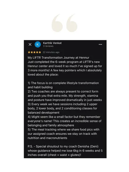 Karthik's review calls our program a "lifestyle transformation," noting the dramatic improvement in his strength, stamina, and posture.
