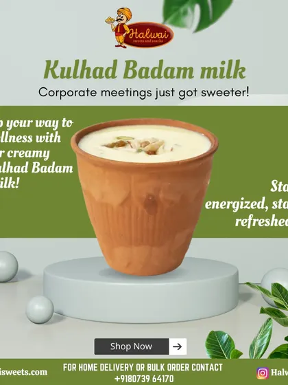 Corporate meetings just got sweeter with our Kulhad Badam Milk. Sip your way to wellness with this creamy, nutty drink that will keep you energized and refreshed through the day.