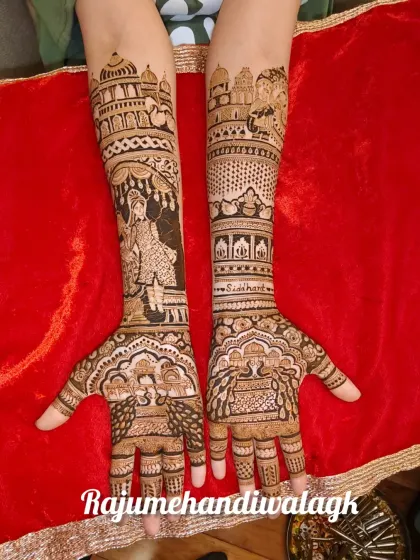 A beautiful design with a bride's portrait on the arm, and peacocks on the palm.
