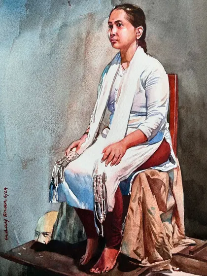 Another example from my figure painting workshop, this piece focuses on a seated pose. The challenge was to paint the white-on-white clothing and the subtle folds of the fabric.