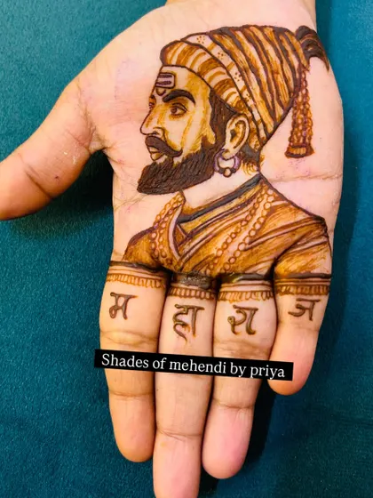 A portrait of Chhatrapati Shivaji Maharaj, a figure of great respect. I focus on capturing the powerful expression and details like the 'tripundra' on the forehead and the 'Maharaj' lettering on the fingers. This is a popular request for festivals and cultural events.