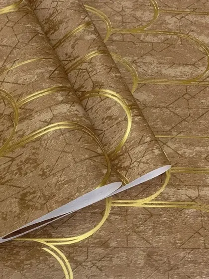 A brown version of the art deco scallop wallpaper with gold lines, offering a warm and earthy modern look.