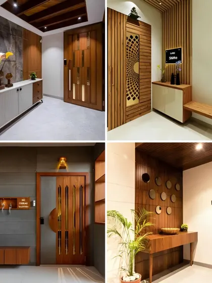 This collage showcases a variety of main door and entryway designs we have created. It highlights our use of intricate wood patterns, modern handles, and ambient lighting to make a grand first impression.