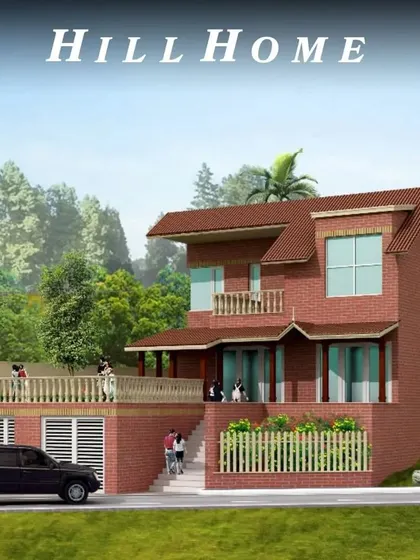 A 3D render of a custom hill home I designed. The architecture is adapted to the sloping terrain, featuring a classic brick facade and multiple terraces to maximize views and outdoor living space.