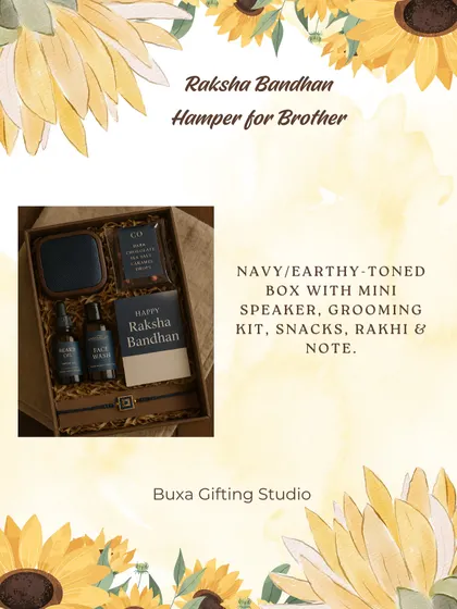 A Raksha Bandhan hamper idea for a brother, featuring a navy-toned box with a mini speaker, grooming kit, and snacks.