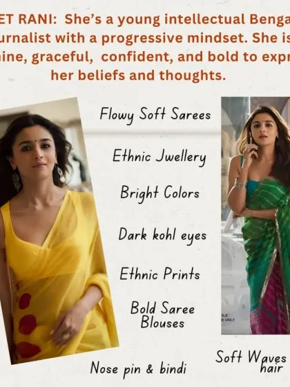 Finally, there's Rani from 'Rocky Aur Rani Kii Prem Kahaani'. Her flowy sarees, ethnic jewelry, and bold blouses reflected her identity as an intellectual, confident, and progressive journalist.